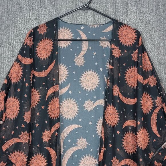 Celestial Kimono Womens One Size Black Brown Sheer Sun Moon Stars Midi Cover Up - Picture 4 of 15